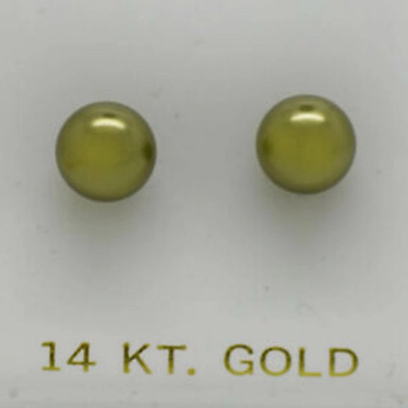 Genuine 8mm Green Pearls Stud Earrings 14k Gold